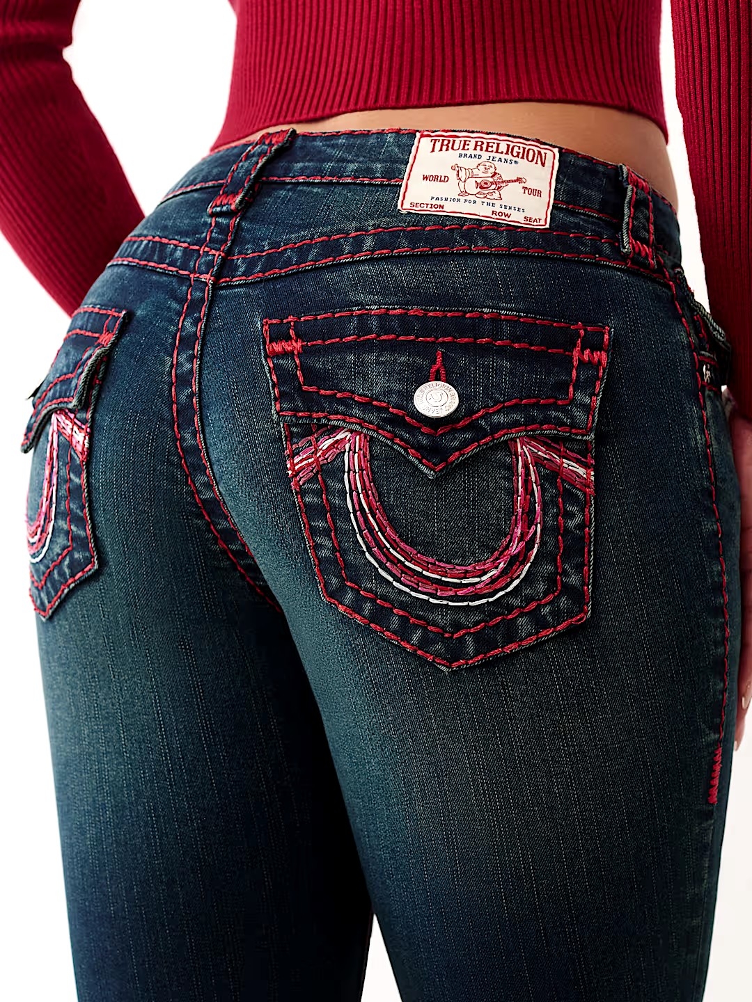 True Religion Womens Dark Blue Jeans With Red Contrast Stitching